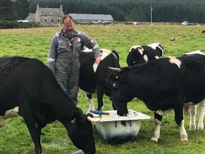 Iain with some of his cows. Young bull Culloden Alastair in front right.